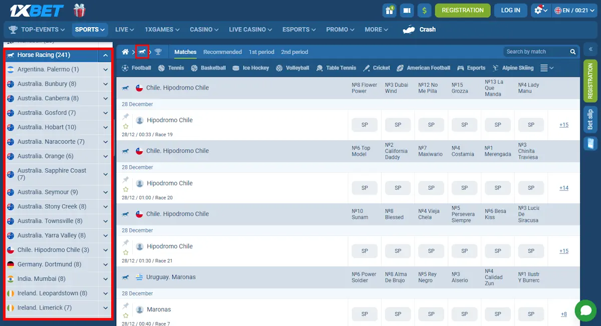 1xBet Horse Racing Betting Screenshot